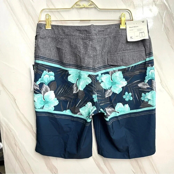 Board Shorts Swim Size 32 Navy Gray Teal Hawaiian Floral 10" Inseam - Picture 2 of 8